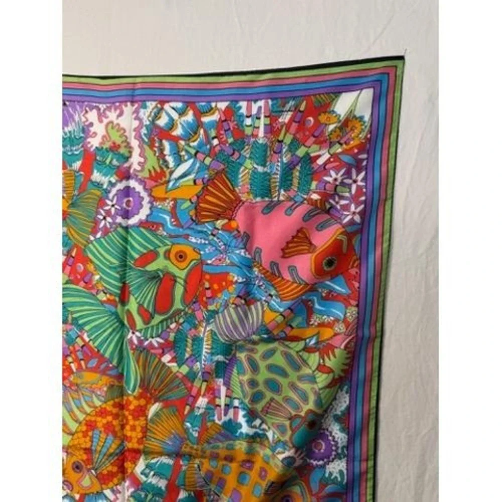Vintage Colorful Fish Print Scarf Bright vtg Tropical Ocean Foulard Wild Rag 70s
